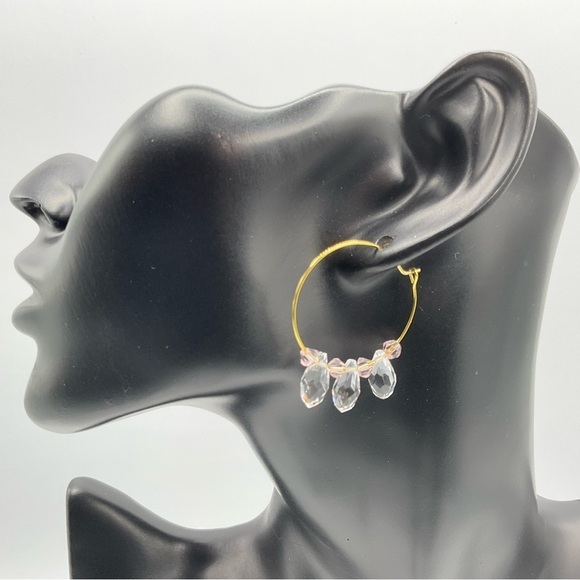 Earrings Hoops Crystal Teardrop Beads Pink Clear Gold Plated Valentine Day Gift - Picture 1 of 8